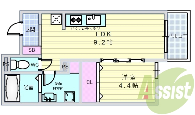 １ＬＤＫ（34.28平米）システムキッチン・モニターフォン