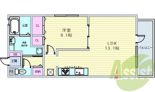 1LDK（46.12平米）ネット無料・エアコン・浴室乾燥機