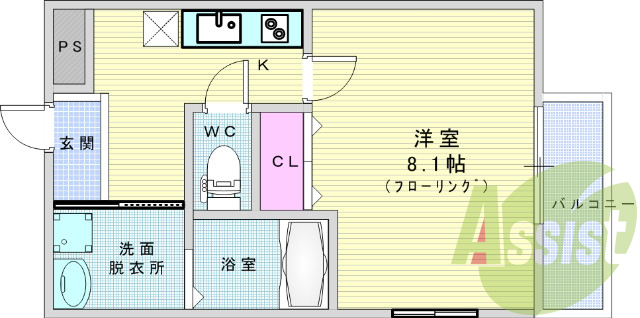 1K（27.28平米）オートロック、インターネット無料