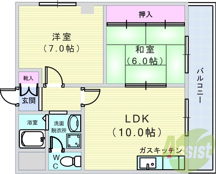 2LDK（６２平米）独立洗面台・室内洗濯機置場・下駄箱・収納