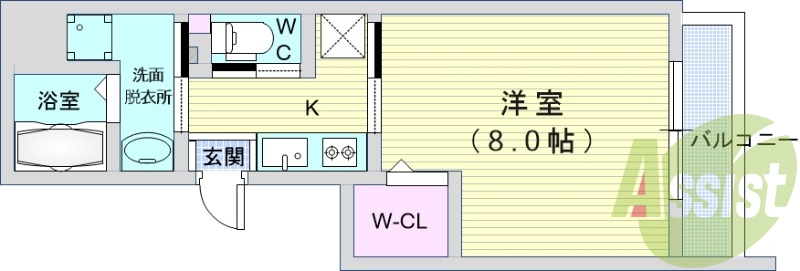 1K（25.49平米）システムキッチン・洗髪洗面化粧台・収納