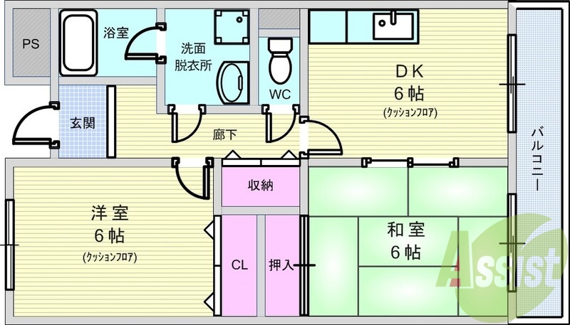 2DK(48.40平米)洗髪洗面化粧台・室内洗濯機置場・収納