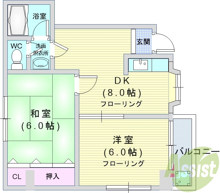２DK（37.85㎡）独立洗面台・脱衣所・ガスキッチン・収納