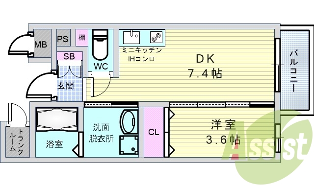 1DK（31.41平米）洗髪洗面化粧台・室内洗濯機置場・ＳＢ