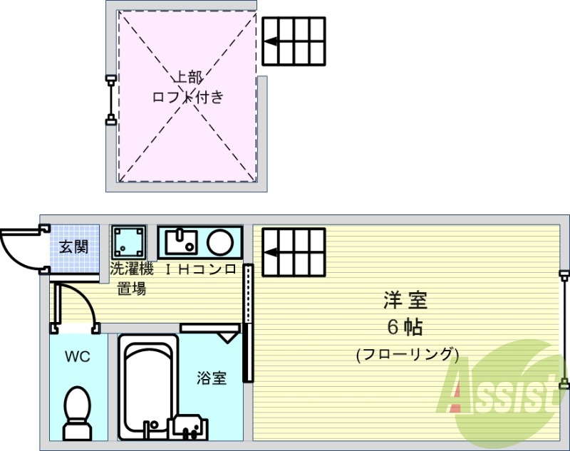 1K、セパレート、ロフト付き、室内洗濯機置場、フローリング