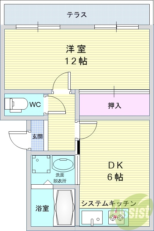1DK（43平米）システムキッチン・テラス・押入れ
