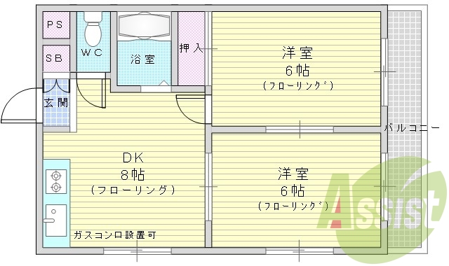 2DK・南向き・オール洋室・エアコン2基・TVモニターホン