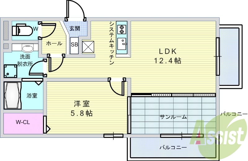 1LDK（50.25平米）サンルーム・浴室乾燥機・エアコン
