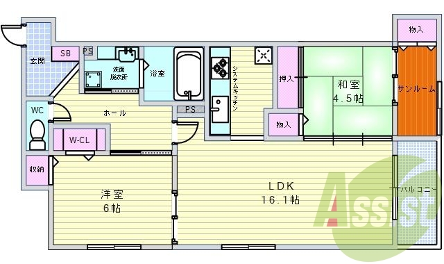 2LDK(69.37平米)オートロック・システムキッチン・室内物干し