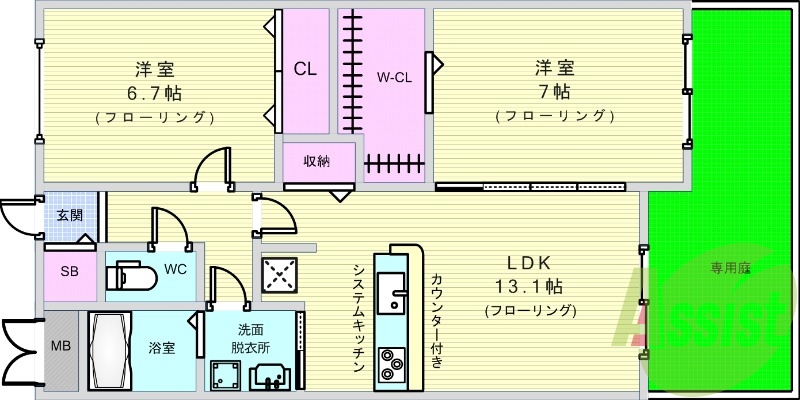 2LDK（65.32）カウンターキッチン・オール電化・収納