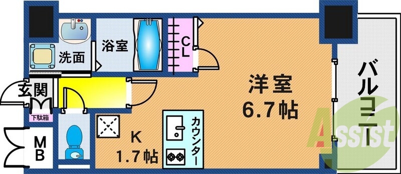 カウンターキッチンの1Rです。