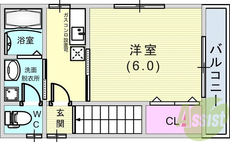 1K（23.69平米）２面採光・エアコン・室内洗濯機置場