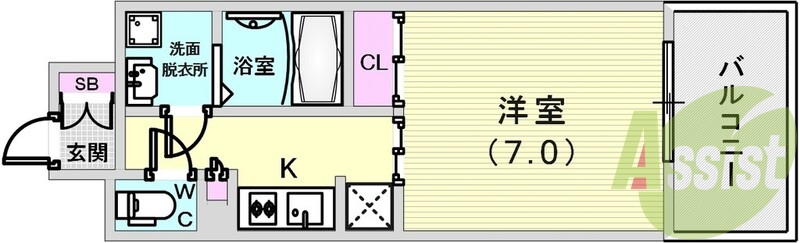 洋室7.0帖の1K