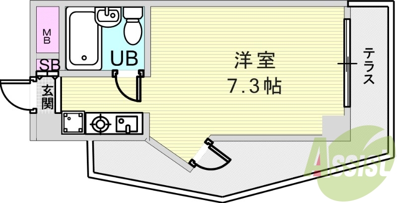 1R（18.92平米）室内洗濯機置場・2面採光