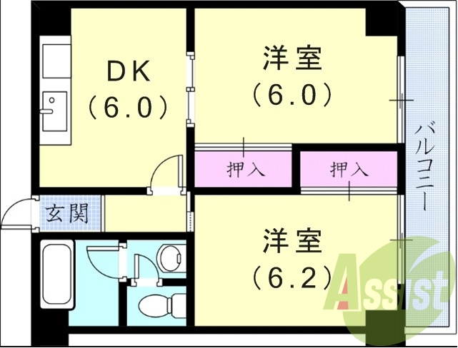 3DK(38.53平米)独立洗面台・押入・フローリング