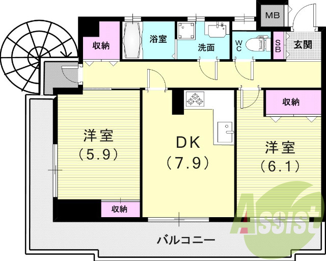 2ＤＫ（55.16平米）Ｌ字キッチン、ＳＢ、振分け、収納豊富