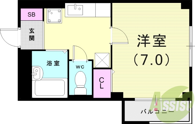 1Ｋ（23平米）エアコン・室内洗濯機置場・バルコニー・収納