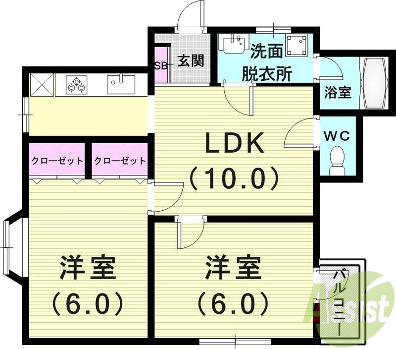 2LDK（53.06平米）システムキッチン・角部屋・エアコン