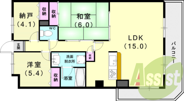 ２ＳＬＤＫ（６９．２１平米）システムキッチン・３点セパレート