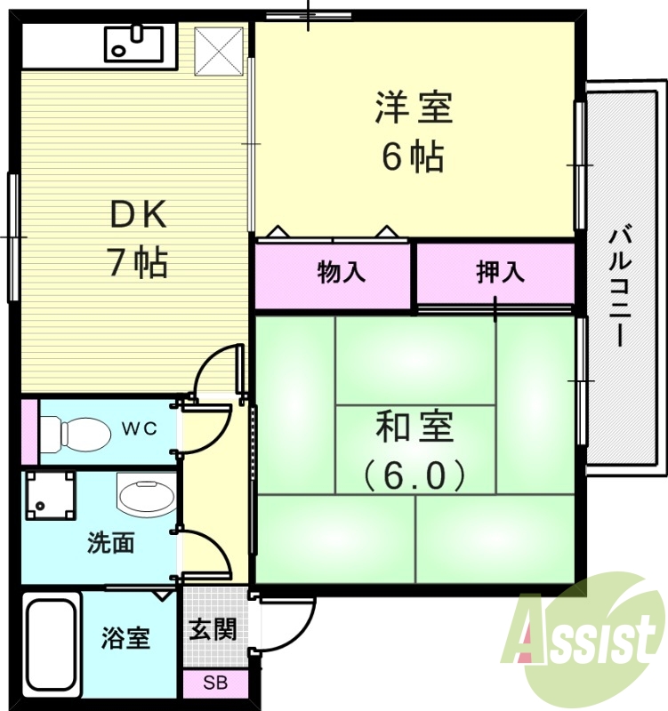 2DK(48平米)エアコン・ネット無料・バルコニー・下駄箱