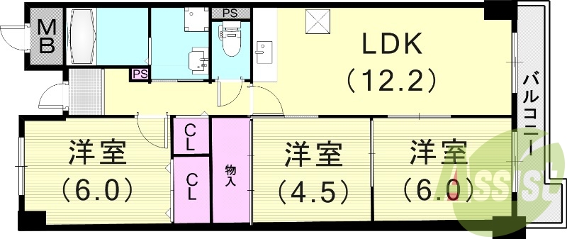 3LDK(68平米)独立洗面台・室内洗濯機置き場・収納