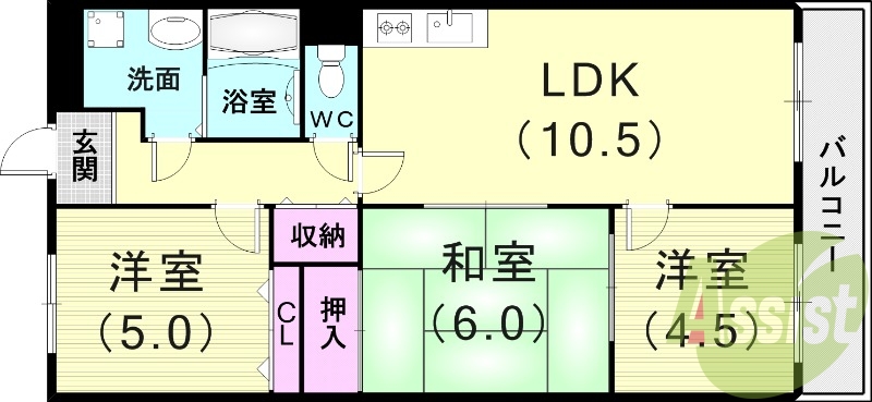 3LDK(60.5平米)独立洗面台・風呂トイレ別・バルコニー