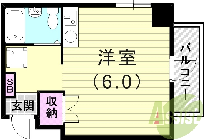 1R（18.25平米）エアコン・室内洗濯機置場・角部屋・収納