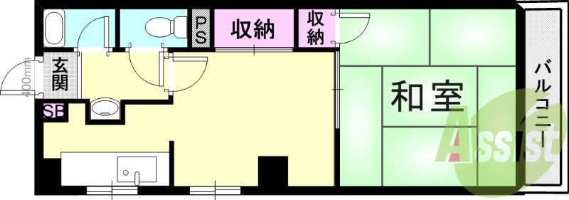 1DK（33.56平米）南向きバルコニー・収納・バストイレ別