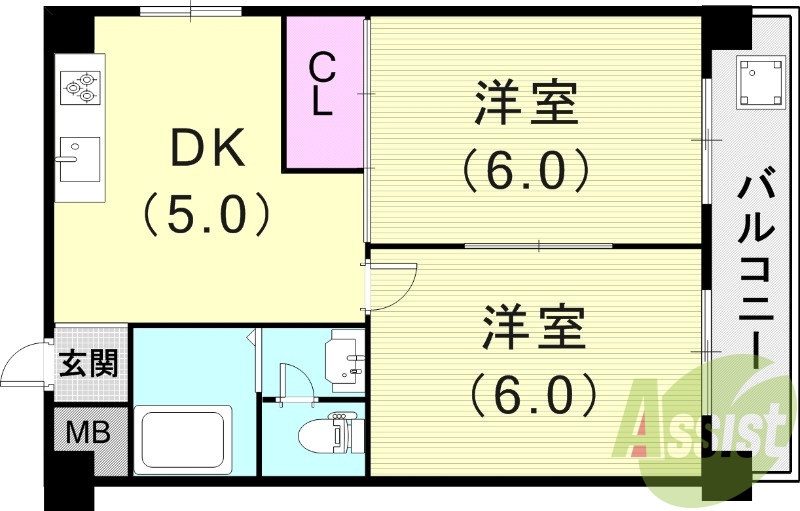 2DK(37.8平米）エアコン・モニター付ドアホン