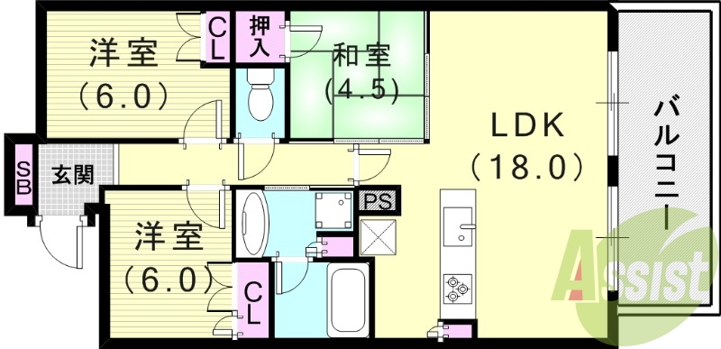 3LDK(74平米)ペット可・システムキッチン・温水床暖房