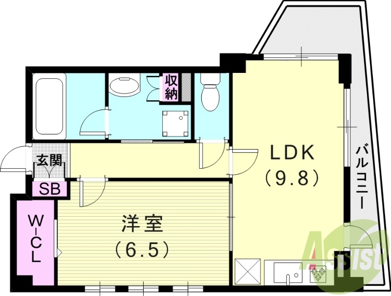 1LDK（41.3平米）南向き・角部屋・システムキッチン