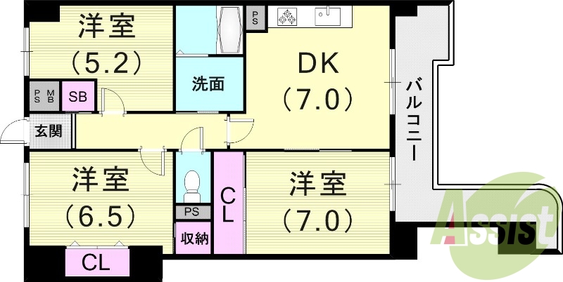 3DK(58.5平米)システムキッチン・洗面所独立・収納
