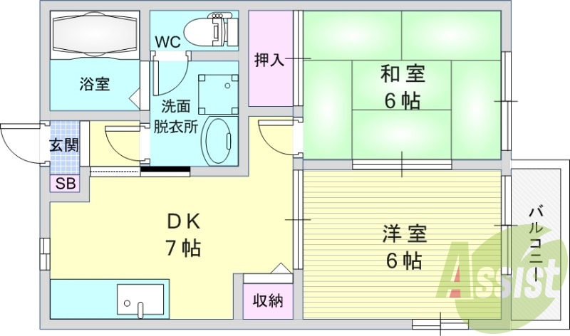 2DK（42平米）駐車場セット・独立洗面台・TVインターホン
