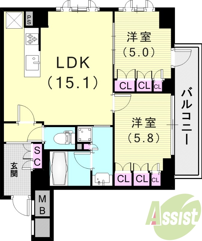 2LDK（61.38平米）24時間ゴミ出し可・食器洗浄乾燥機