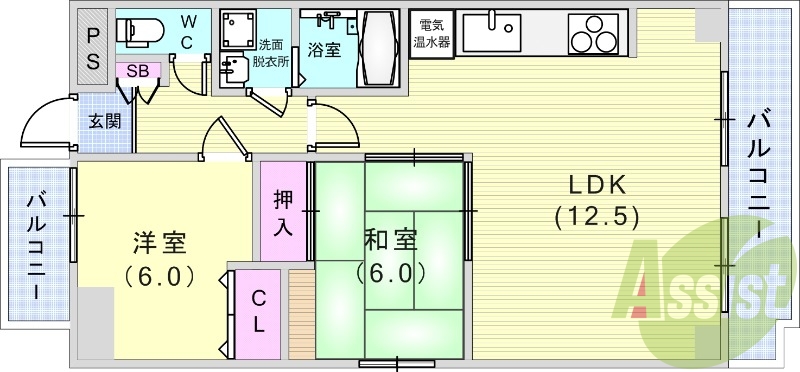 2LDK(61平米)システムキッチン・独立洗面台・浴室乾燥機