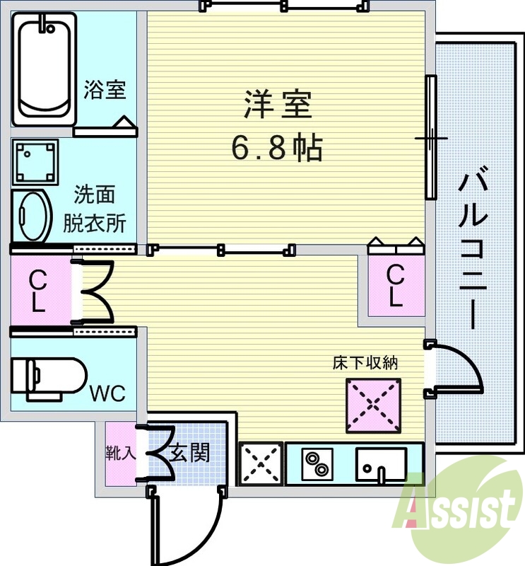 1K（27.24平米）洗髪洗面化粧台・室内洗濯機置場・下駄箱