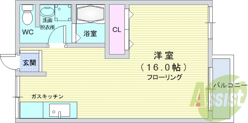 １R（33平米）ガスキッチン・エアコン・収納・室内洗濯機置場