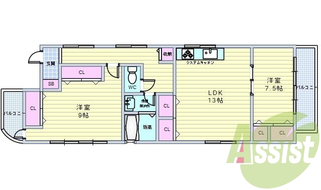 １ＬＤＫ（７８平米）角部屋・駅徒歩5分・システムキッチン