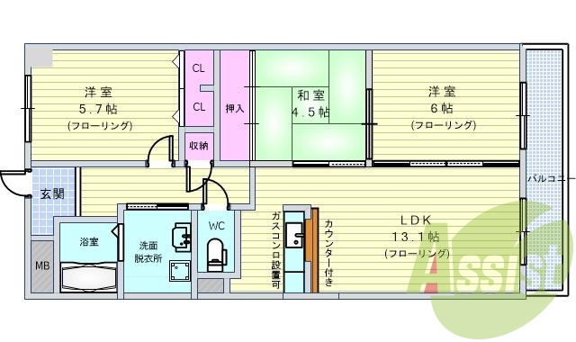 3LDK（65.24平米）インターホン・ガスコンロ設置可