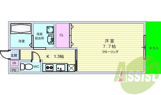 1K(２６．７１平米）・南向き・角部屋・システムキッチン