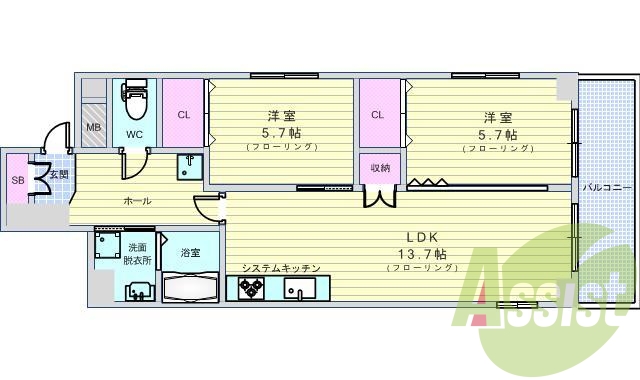 2LDK(61,2平米)システムK・シャンドレ・TVモニター