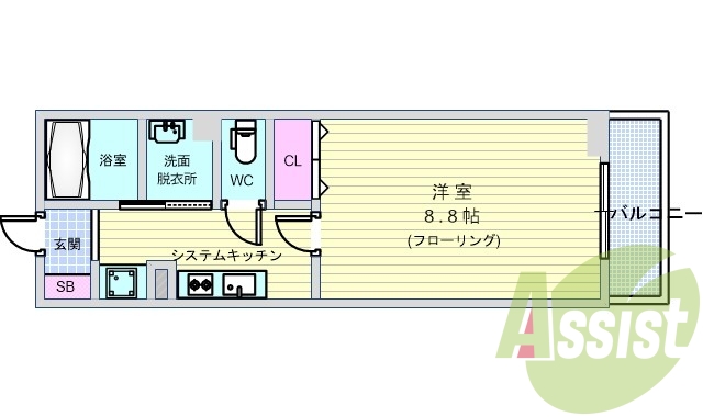 1K(28.9平米)システムK・シャンドレ・浴室乾燥機