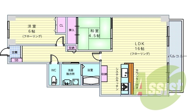2LDK、南向き、高温差し湯、シャンドレ、オートロック