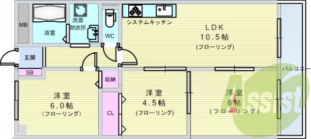 2LDK(64平米)追い焚き・TVモニター・温水洗浄便座