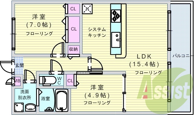 2LDK カウンターキッチン オール洋室 洗面脱衣所