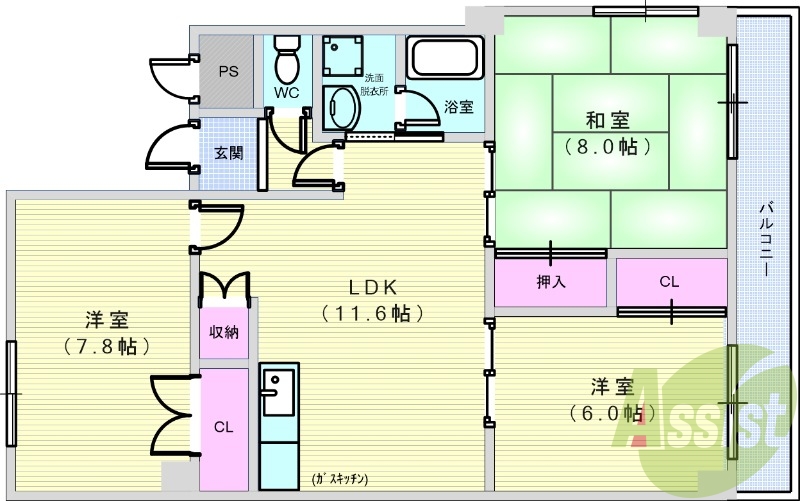 3LDK（70.03平米）ガスキッチン・洗髪洗面化粧台・収納