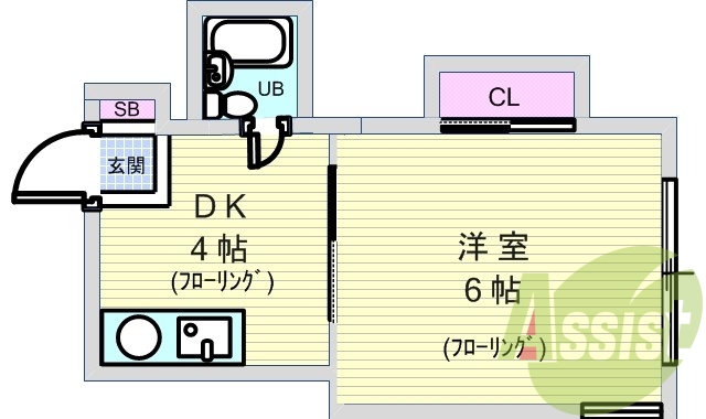 1DK.IHコンロ.ミニ冷蔵庫.フローリング.2面採光