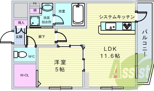 １ＬＤＫ（４０．６６平米）システムキッチン・浴室乾燥機・収納