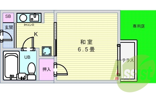 1Ｋ（19.5平米）専用庭・ミニ冷蔵庫付き・エアコン・ＩＨコンロ