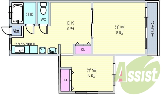 ２ＤＫ（４１平米）独立洗面台・室内洗濯パン・洋室・収納